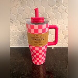 40oz Pink‎ Checked Tumbler with Straw